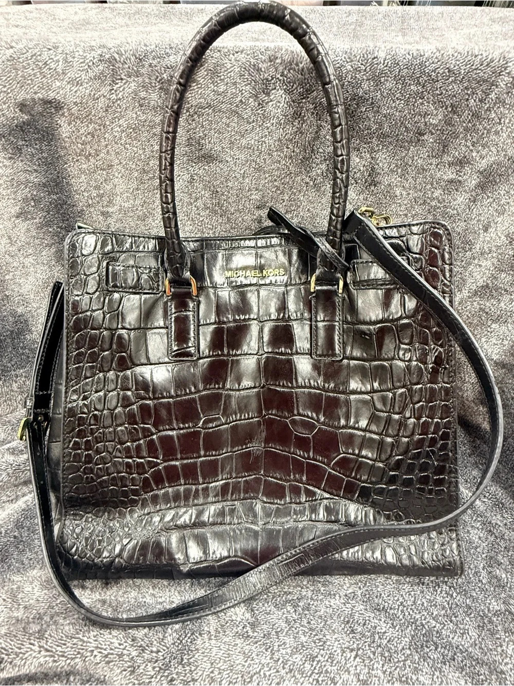 Michael Kors Black Croc-Embossed Leather Satchel with Strap